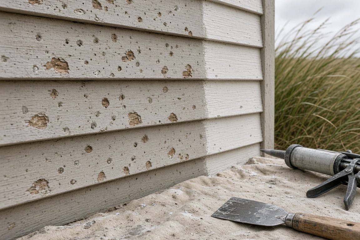 Illustration of hail-dented clapboard siding beside a strip of fresh primer