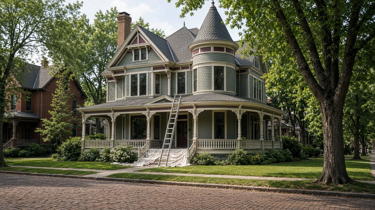 Illustration of a Victorian house with a turret and wraparound porch freshly painted gray-green