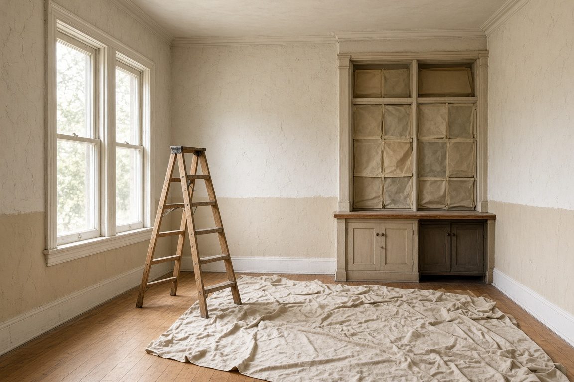 Illustration of an empty dining room with plaster walls half painted cream